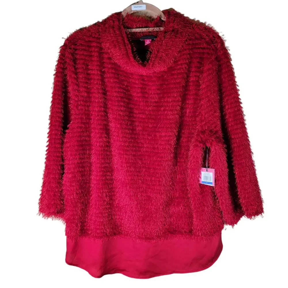 Vince Camuto Tulip Red Eyelash Tinsel Cowlneck Sweater Women Size XL NWT - Picture 1 of 9
